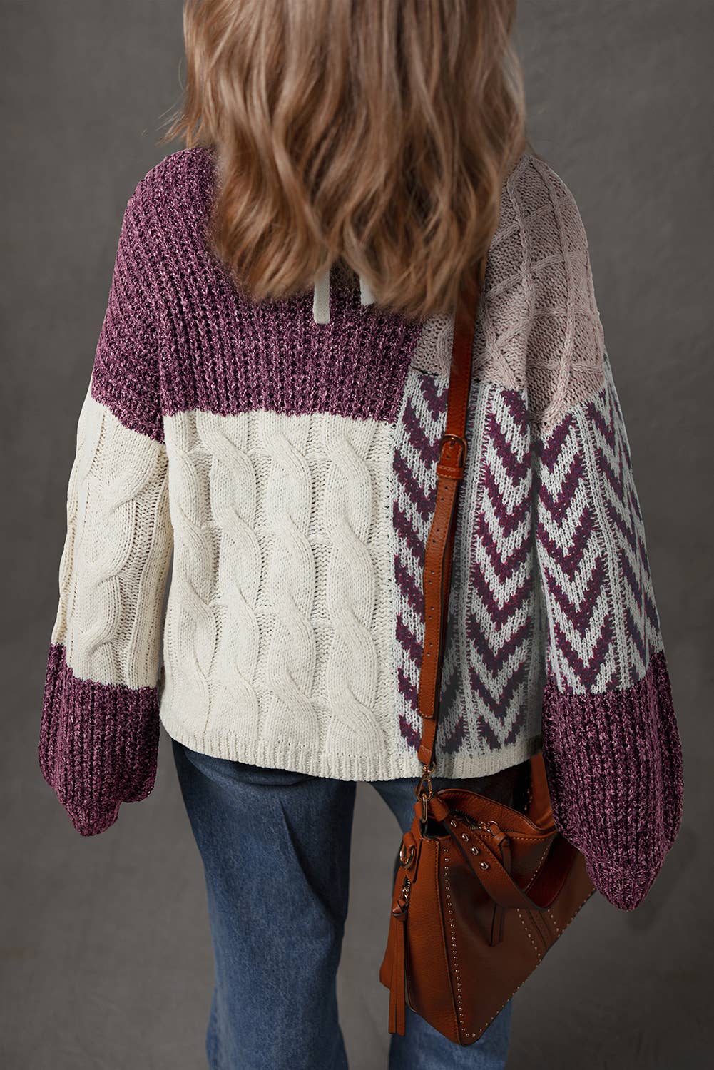 Purple Color Block Knotted Back Loose Fit Sweater