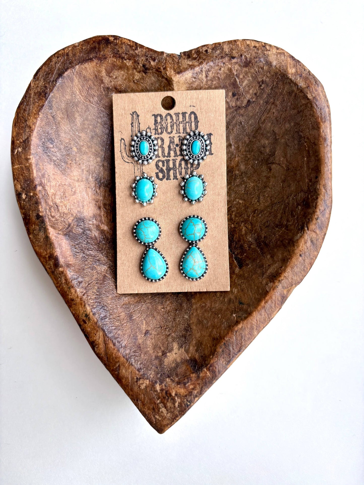 3 Pair Western Theme Concho Turquoise Stone Earring Set