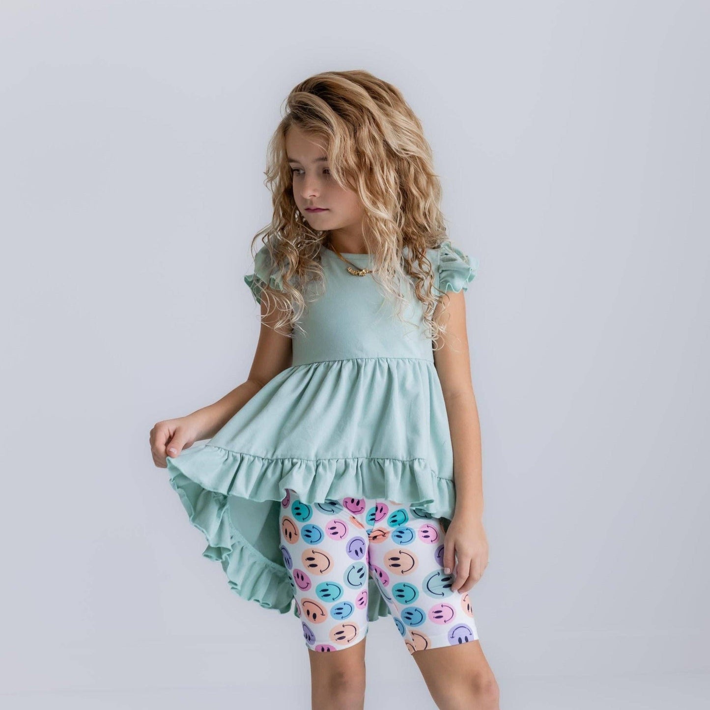 Kids Mint Green Smiley Face hi low Short Set
