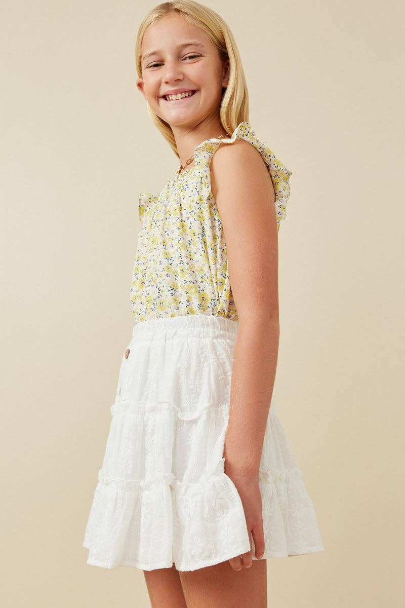 Girls Floral Print Flutter Sleeve Smocked Tank