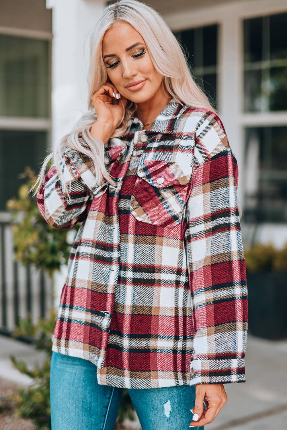 Casual Geometric Plaid Print Pocketed Shacket
