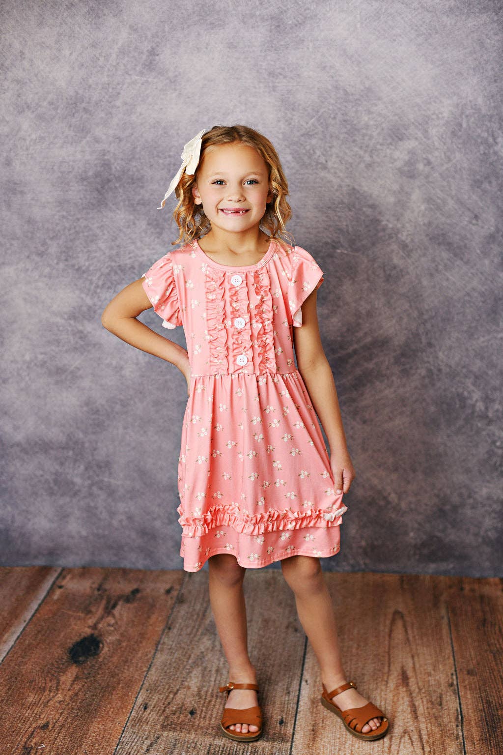 Kids Dainty Coral Floral Ruffle Button Dress