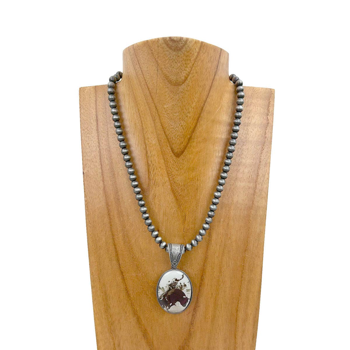 Silver Navajo pearl beads with oval cowboy pendent Necklace