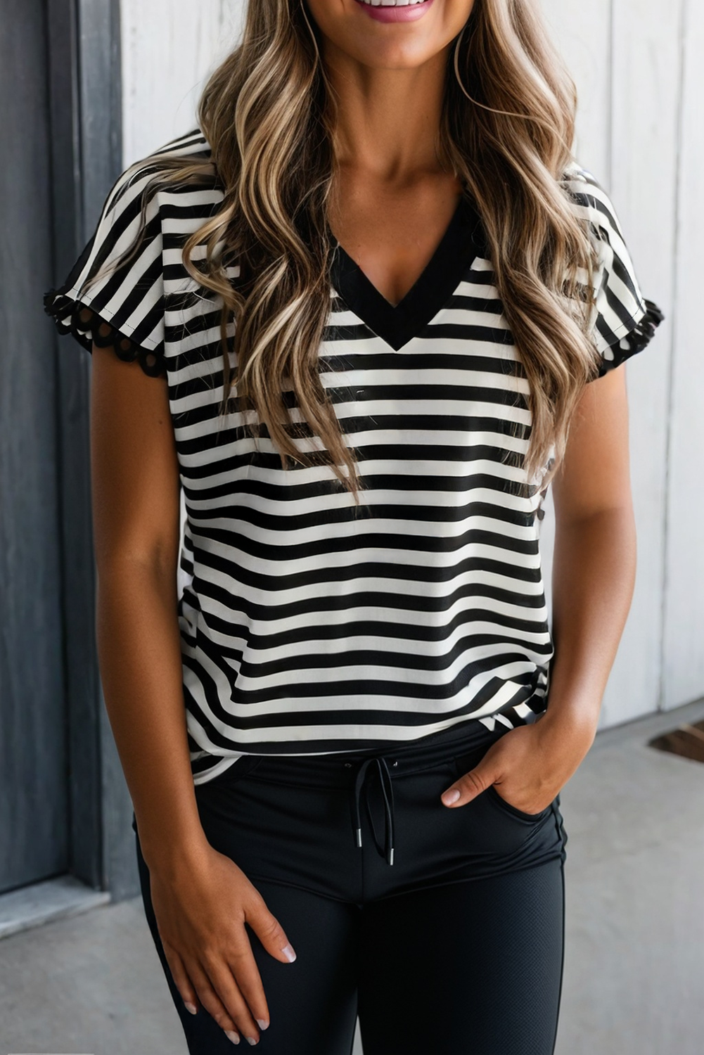 Striped Print V Neck Casual Tee