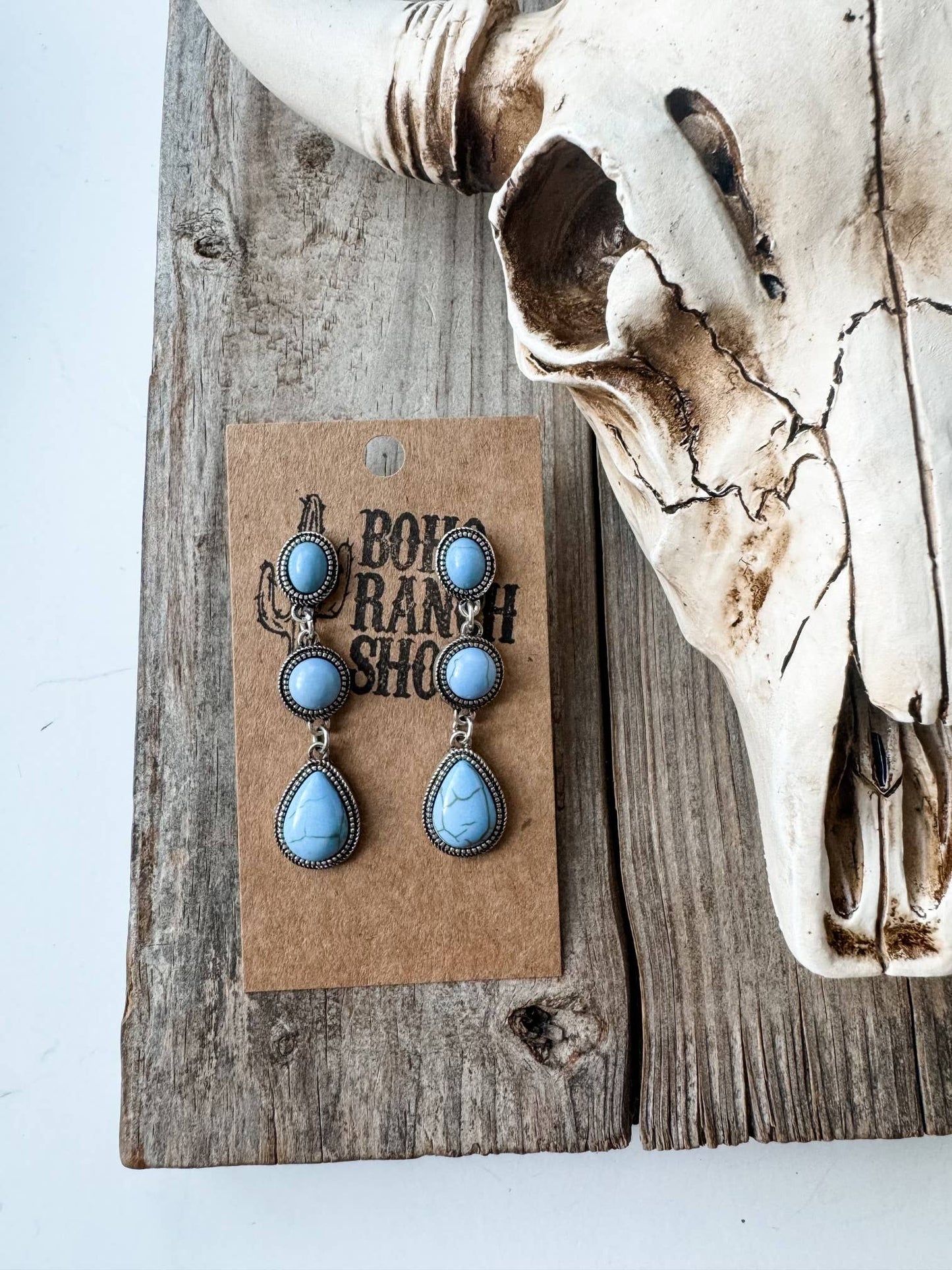 Western Tier Drop Earrings - Round Stone with Teardrop Stone