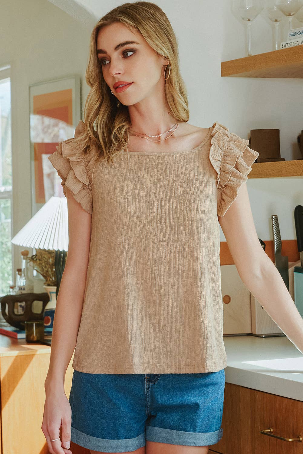 Ruffled Tiered Sleeve Square Neck Textured Top