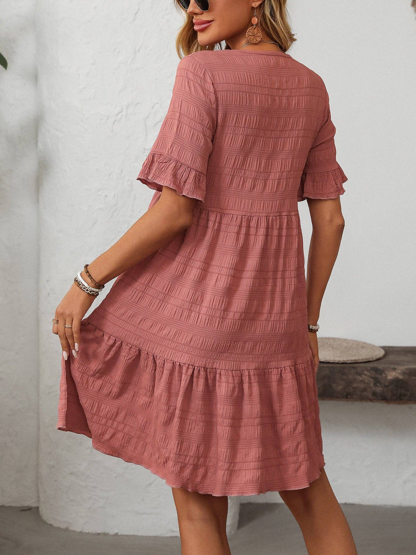Women Ruffle Sleeve A Line Tiered Flowy Casual Trendy Mini Dress