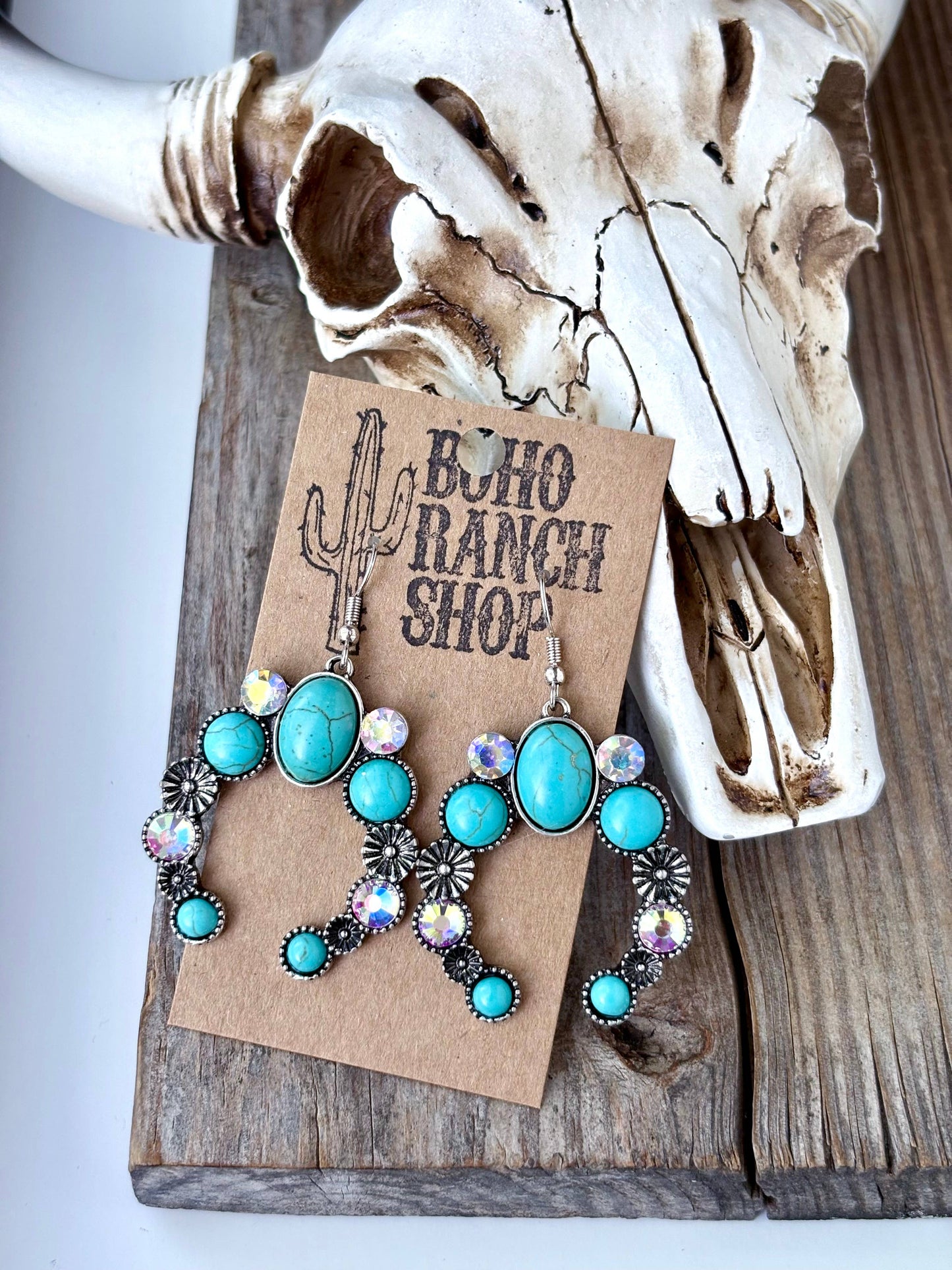 Western Squash Blossom Turquoise Stone Drop Earrings