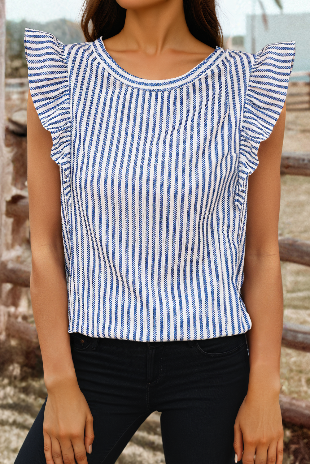 Striped Crew Neck Ruffled Tank Top