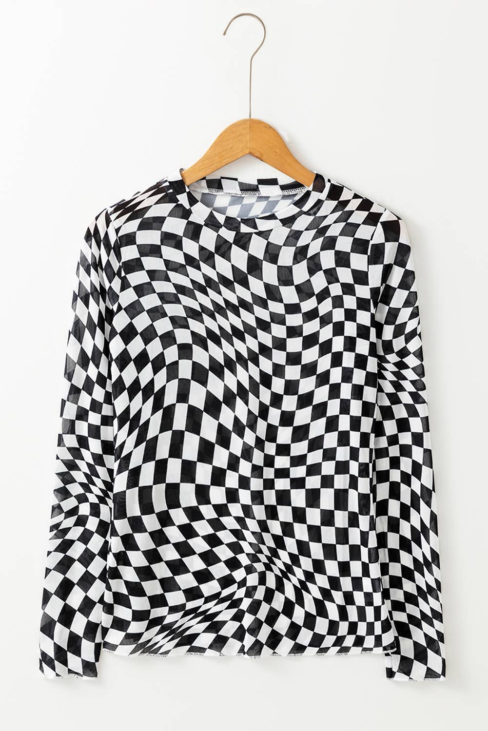 Checkered Pattern Mesh Long Sleeve Top