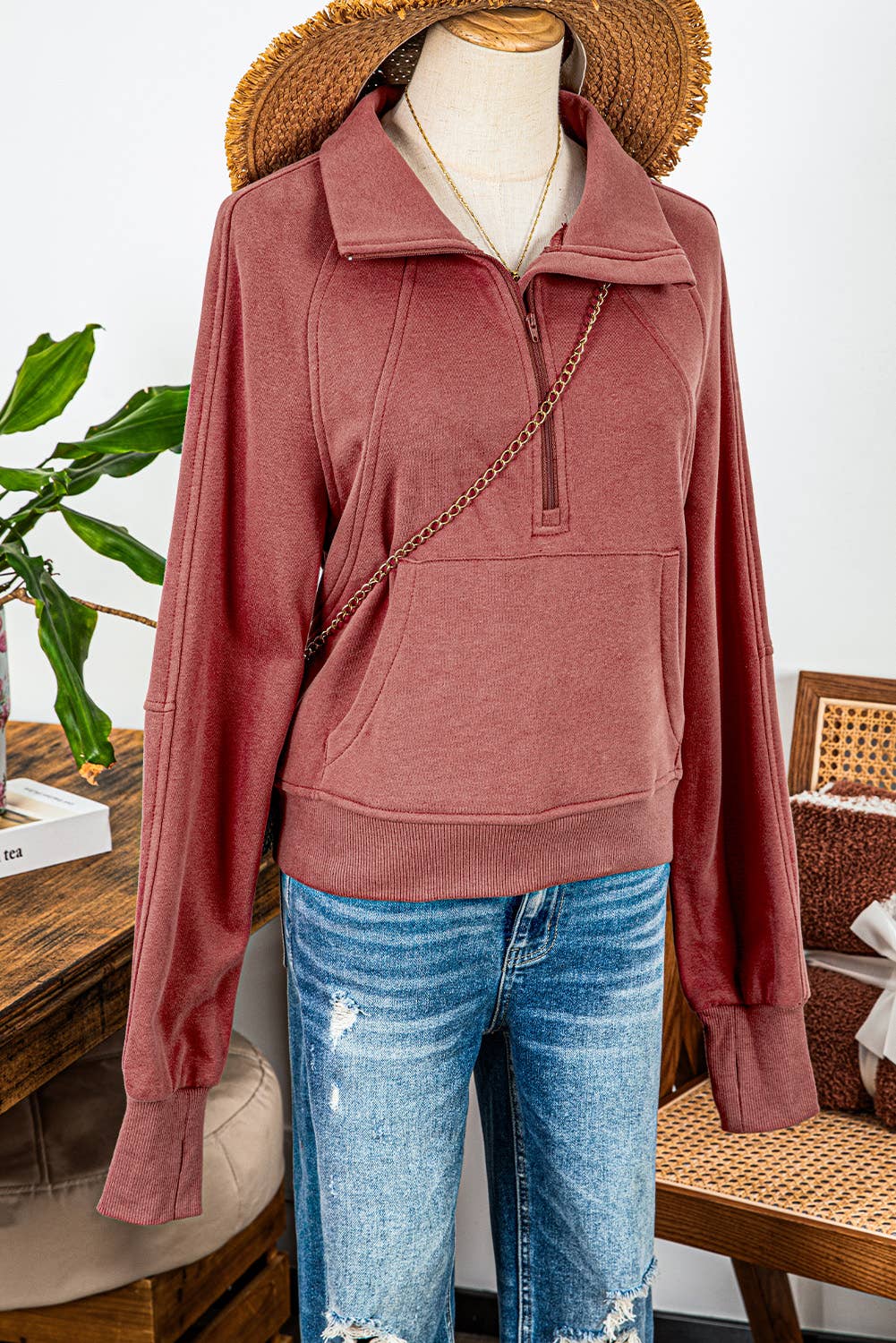 Fleece Lined Zip Up Stand Collar Thumbhole Sleeve Sweatshirt