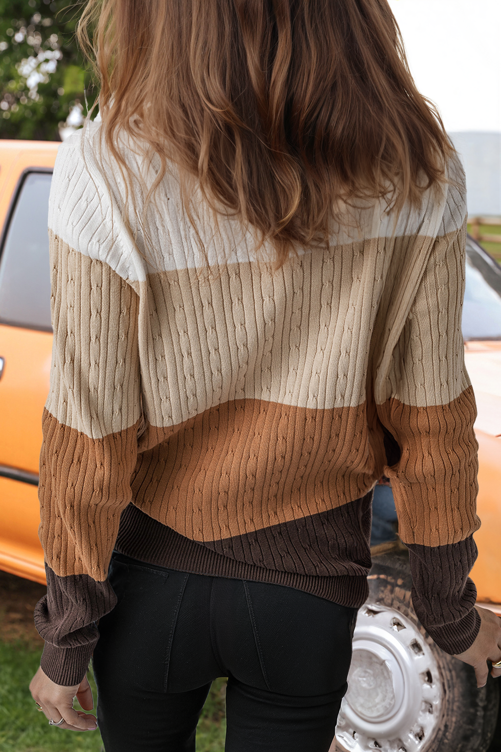 Colorblock Cable Knit Round Neck Sweater