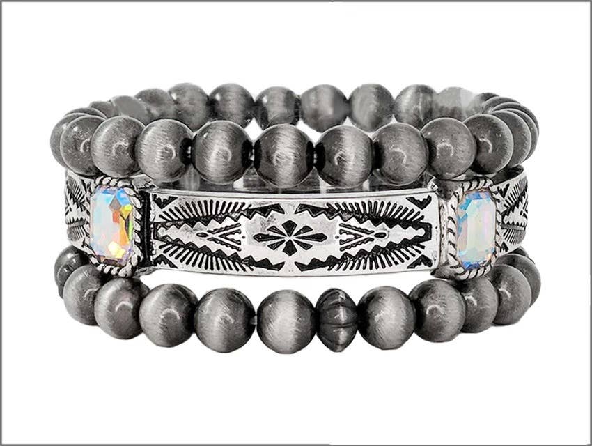 Western Navajo Glass Stone 3 Layered Stretch Bracelet