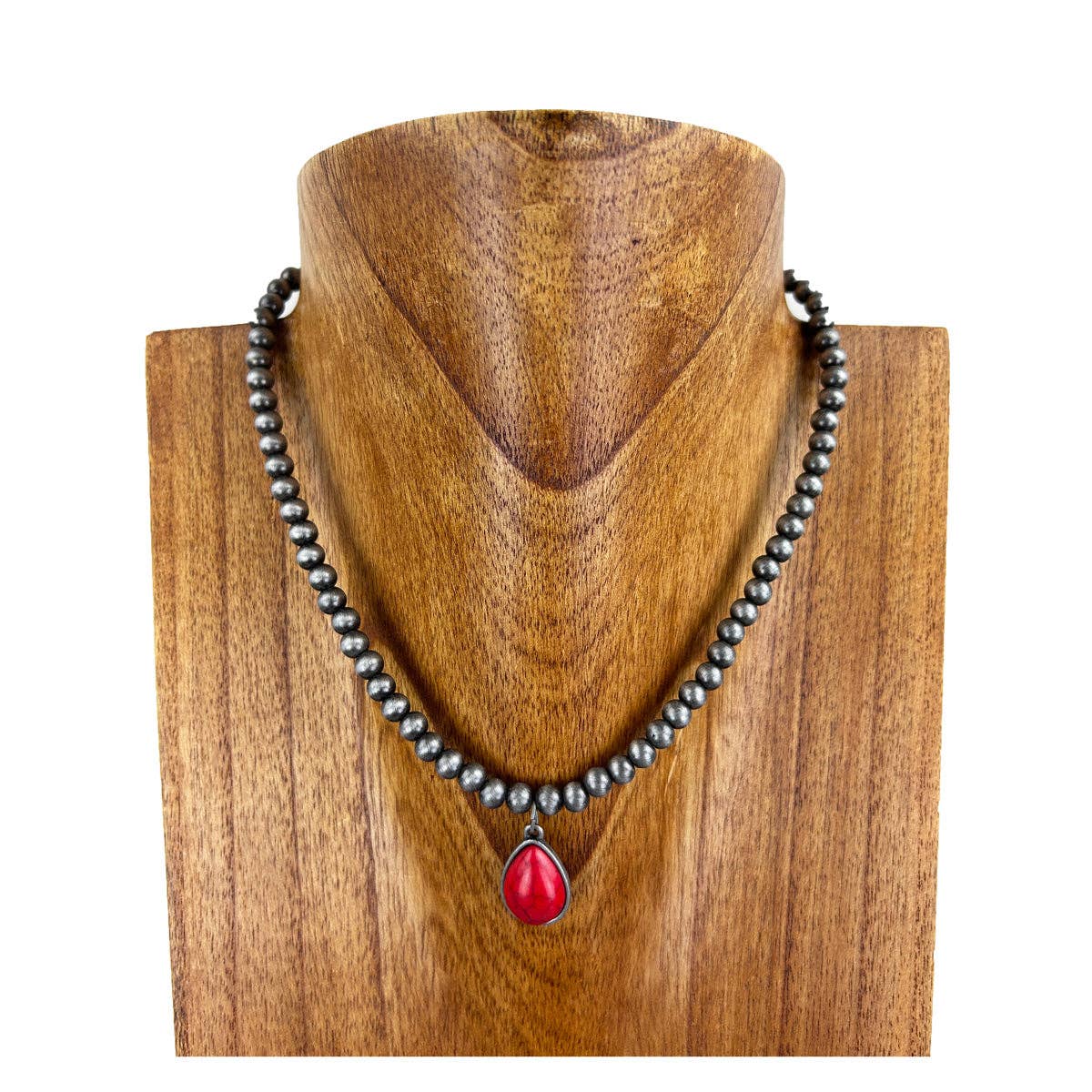 Navajo pearl necklace with red tear drop shape stone pendent