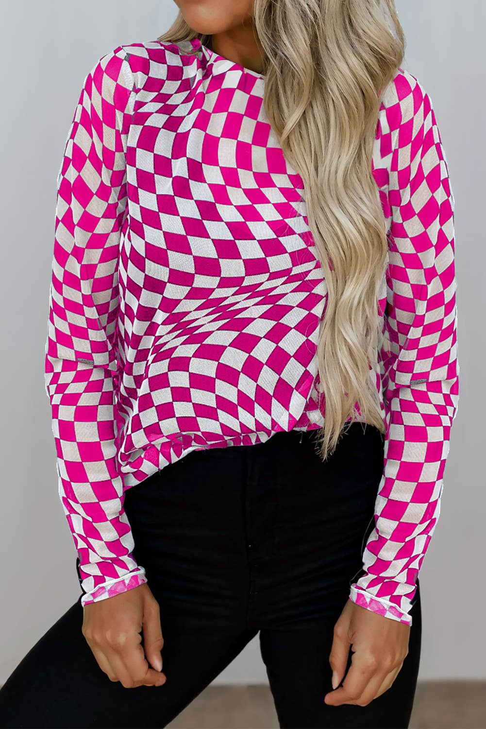 Checkered Pattern Mesh Long Sleeve Top