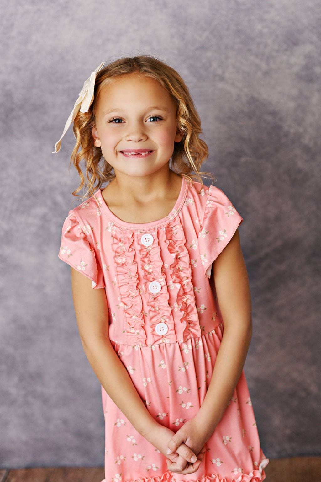 Kids Dainty Coral Floral Ruffle Button Dress