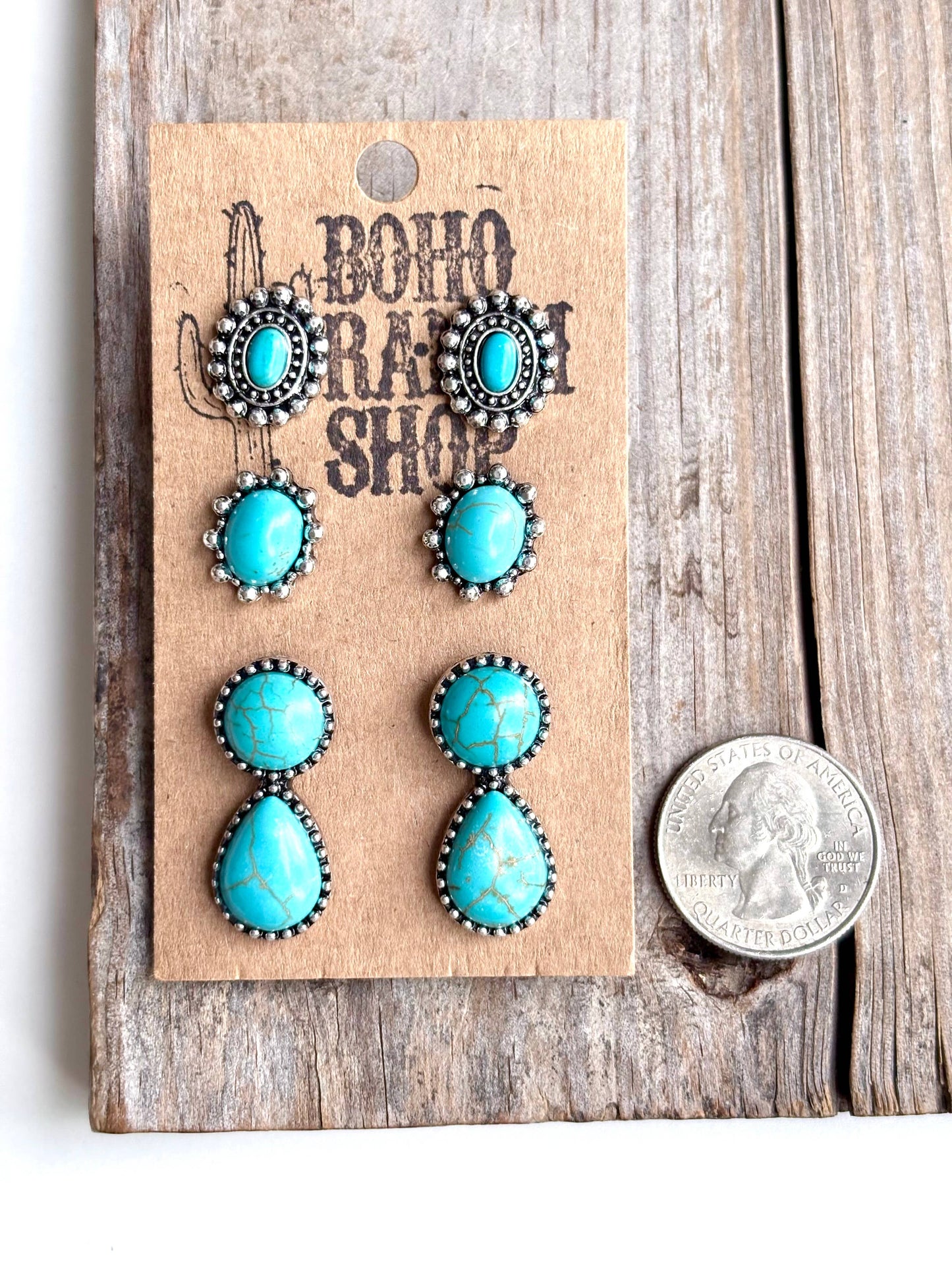 3 Pair Western Theme Concho Turquoise Stone Earring Set