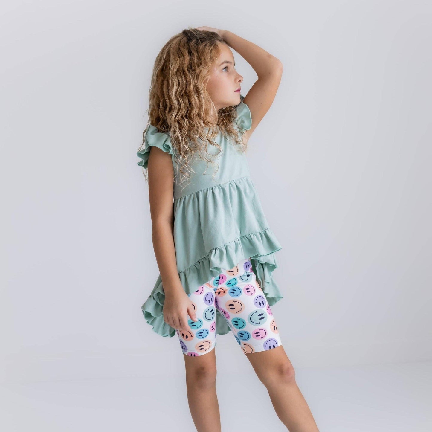 Kids Mint Green Smiley Face hi low Short Set