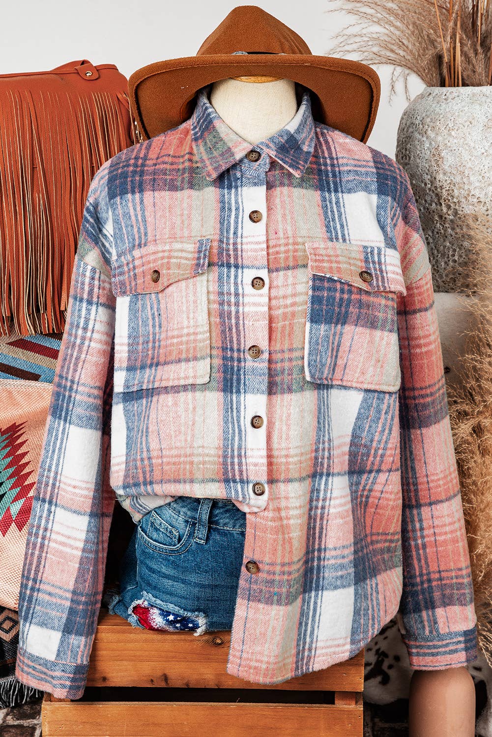 Fall Plaid Flap Pockets Shacket