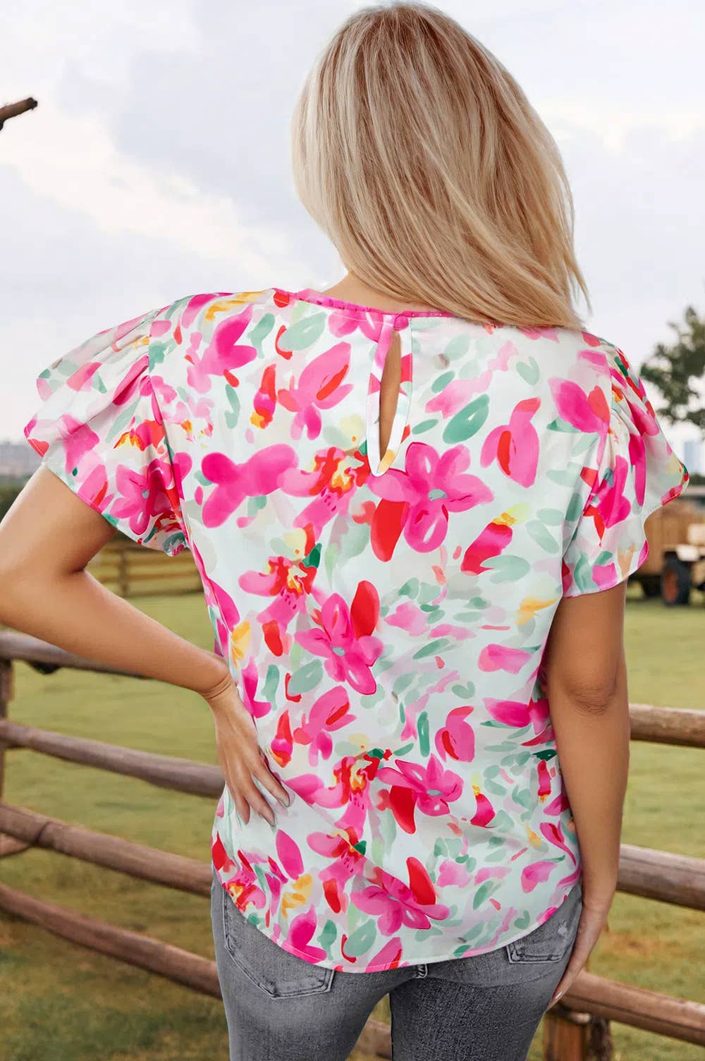 Floral Flutter Sleeve Round Neck Casual Blouse