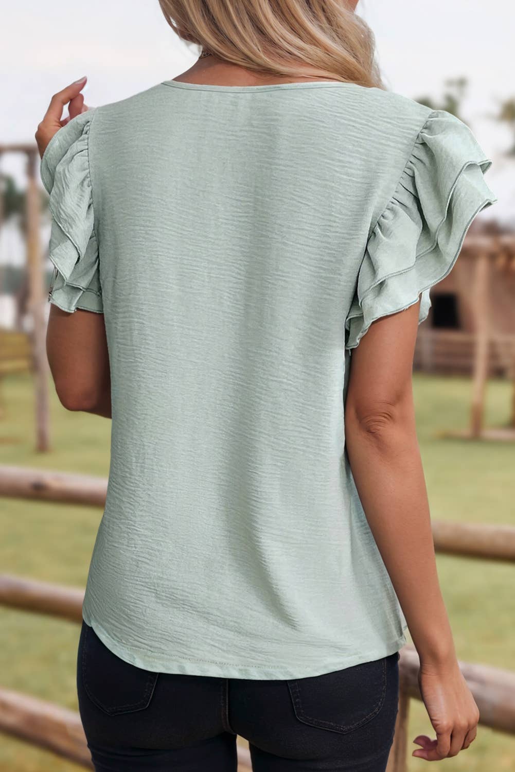 Solid Color Ruffled Short Sleeve Casual Blouse