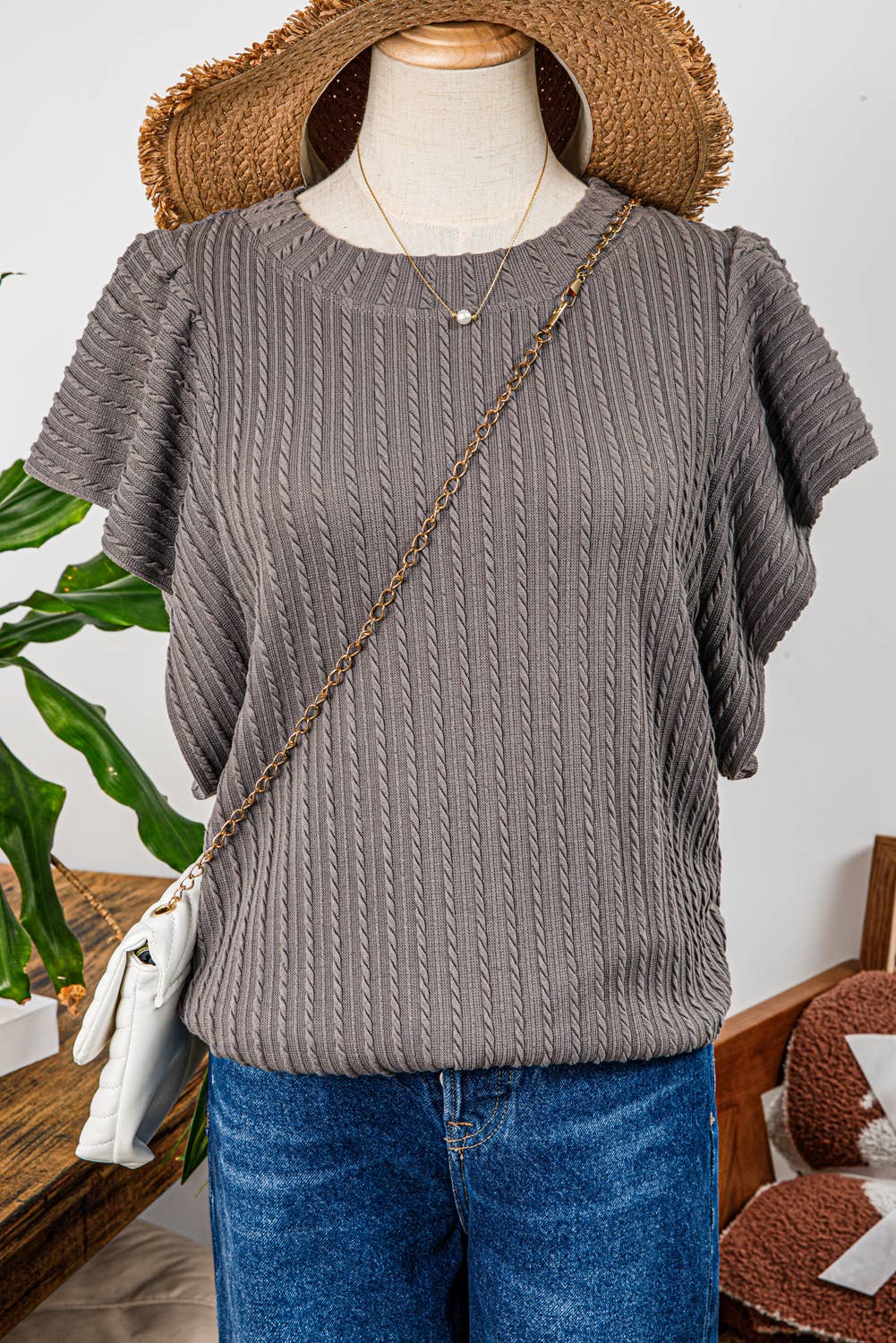 Solid Color Textured Flutter Sleeve Top