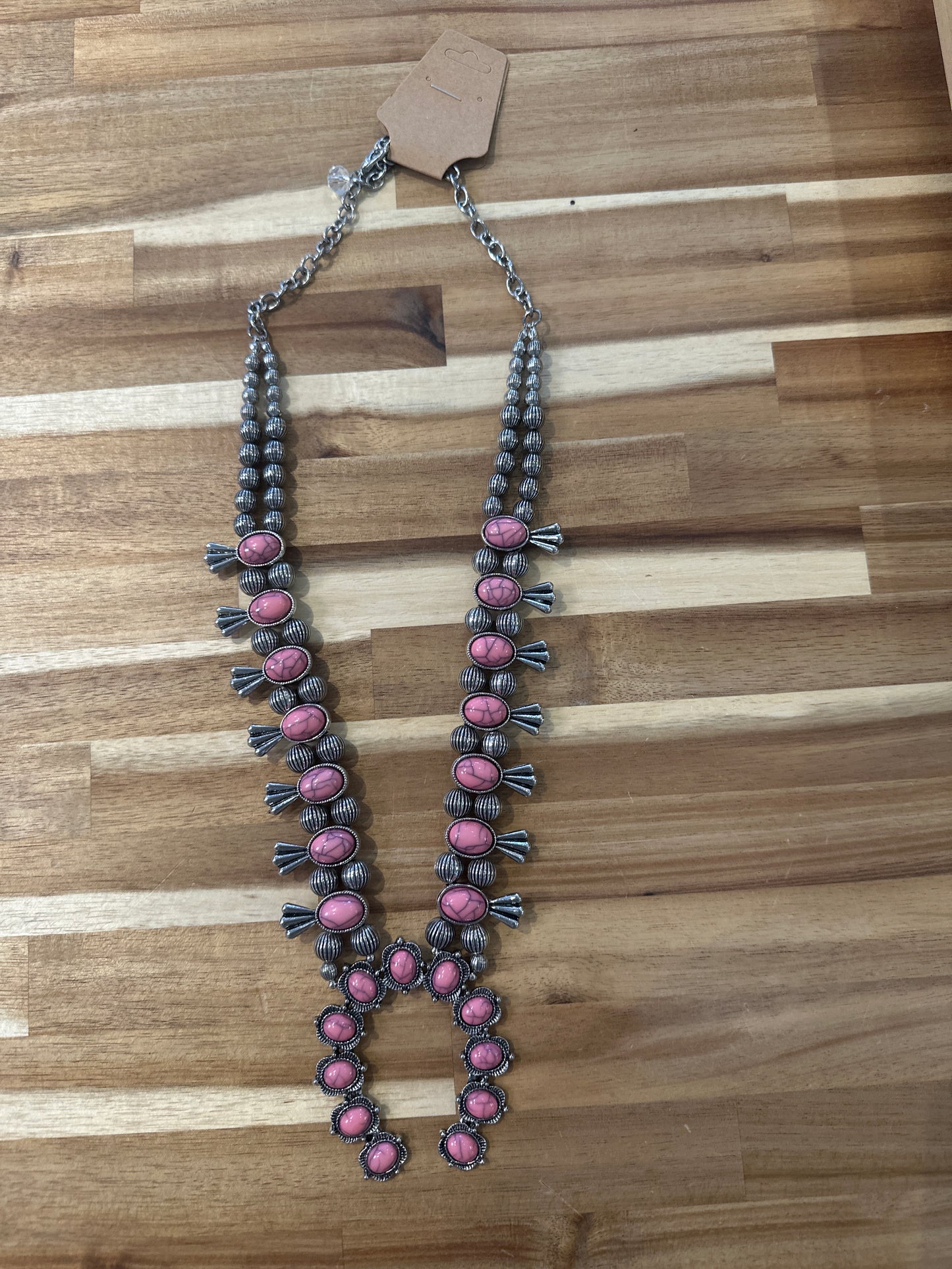 Pink Silver with orange stone squash blossom Necklace