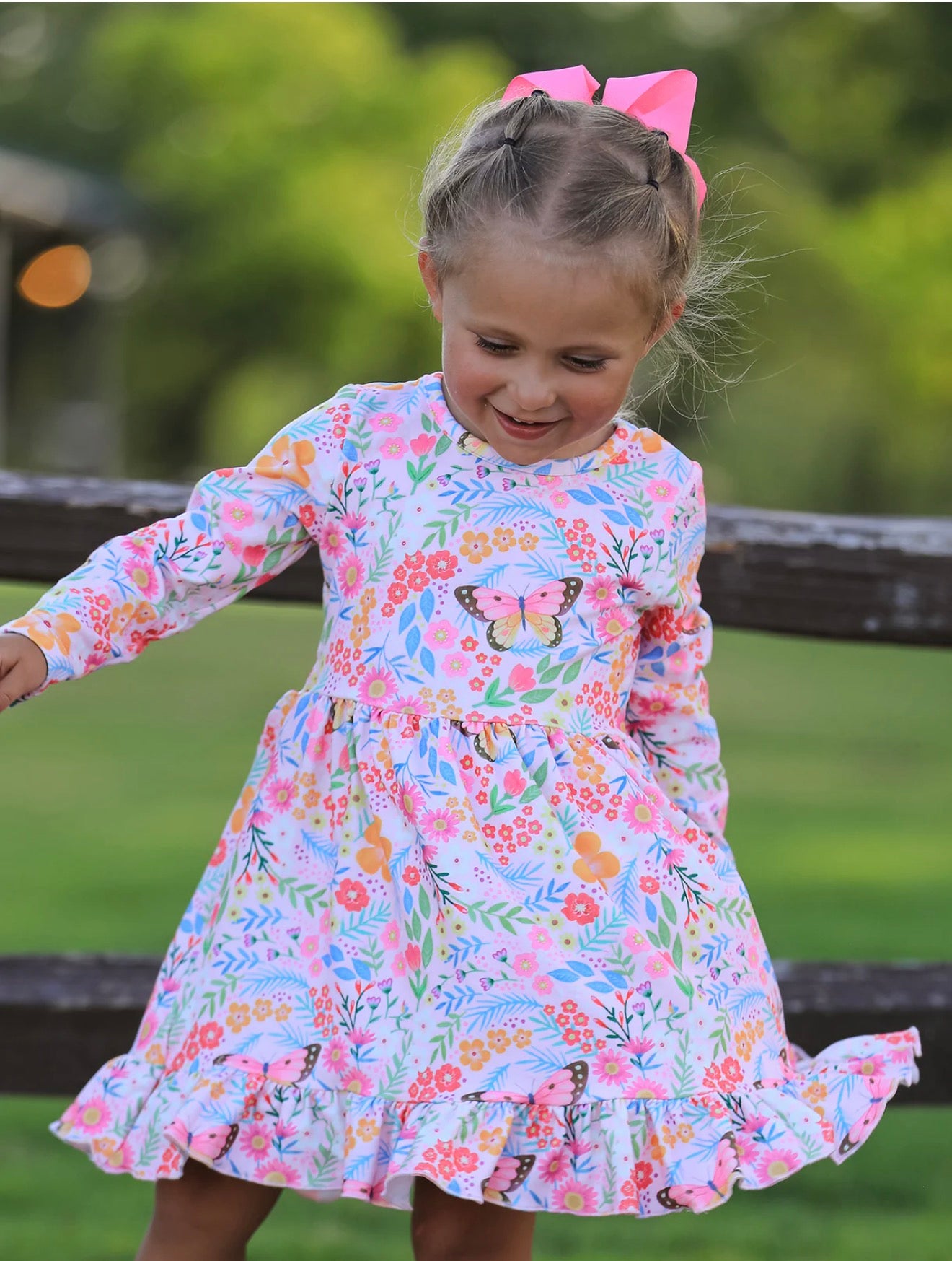 Fall Butterfly Floral Print Girls Ruffle Hem Twirl Dress