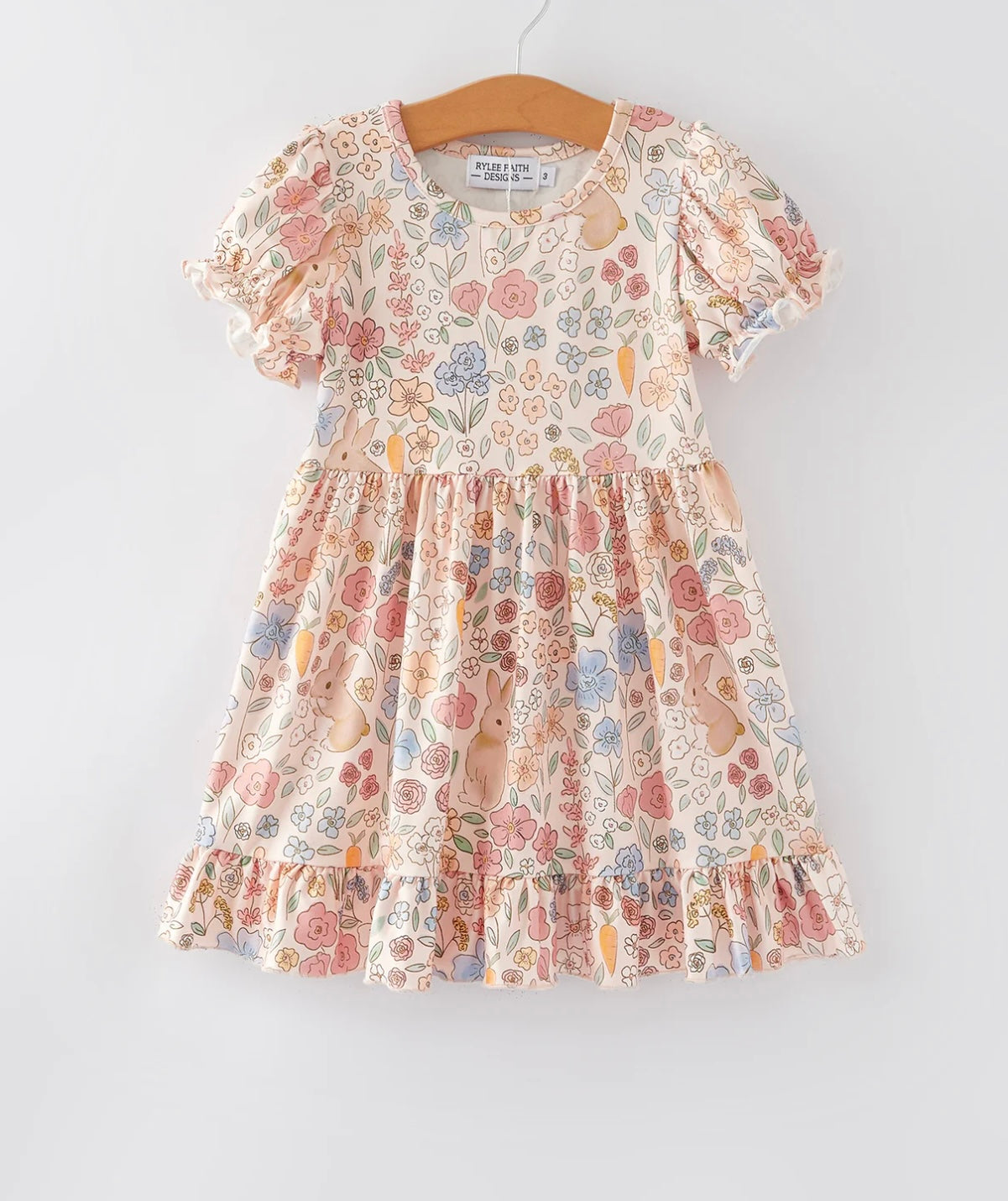 Easter Bunny Floral Puff Sleeves Girls Dress