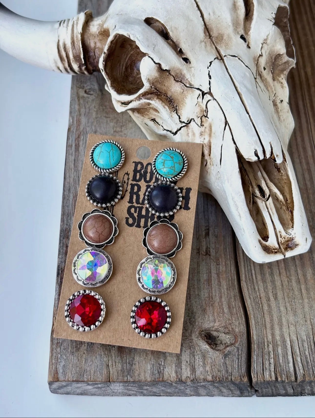 Western Style Round Concho & Stone Stud Earrings