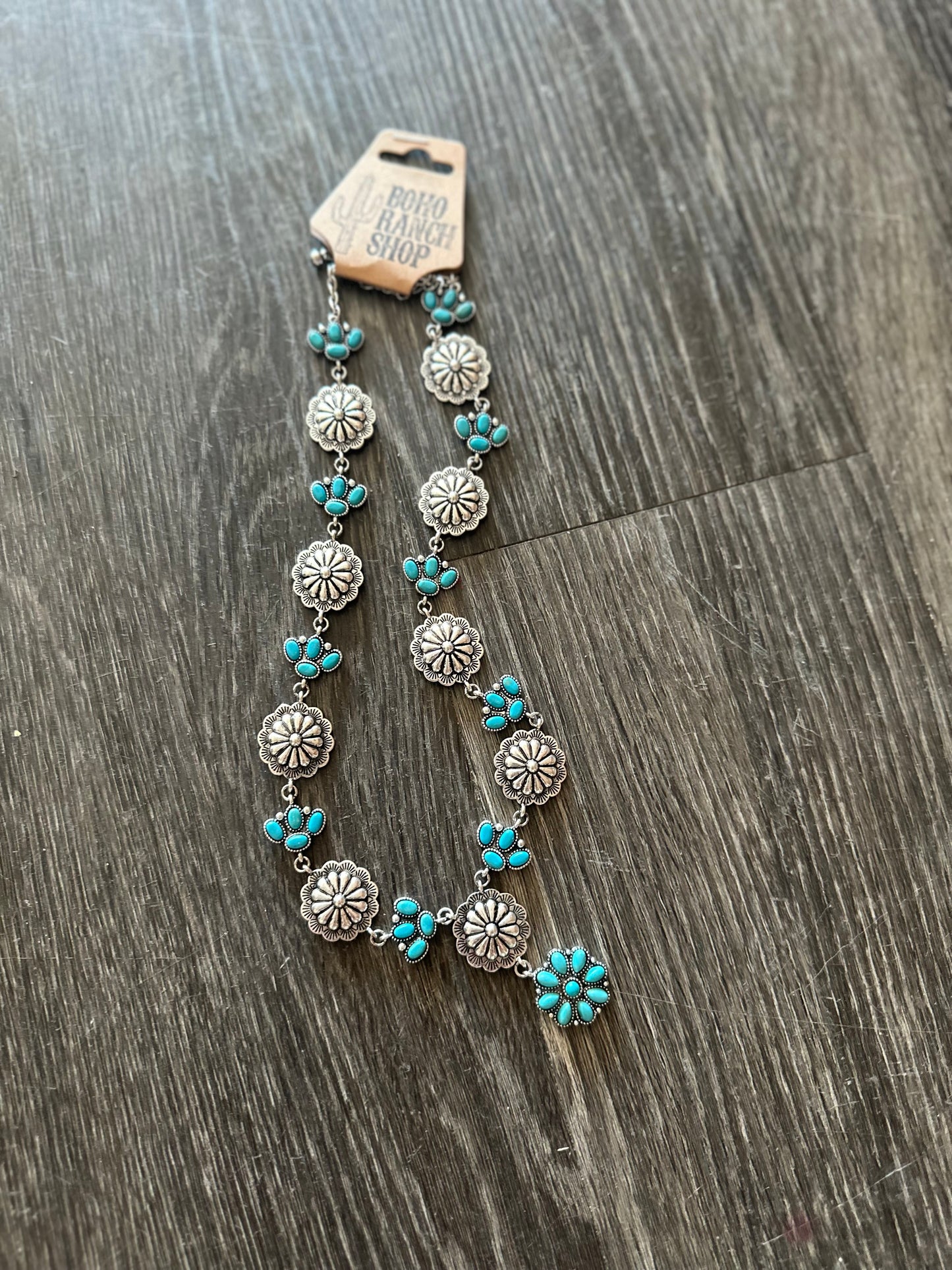 Western Round Concho & Turquoise Stone Paw Y Drop Necklace