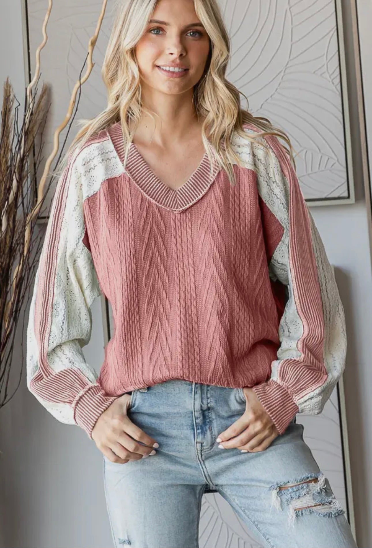 Cable Knit V Neck Long Sleeve Top