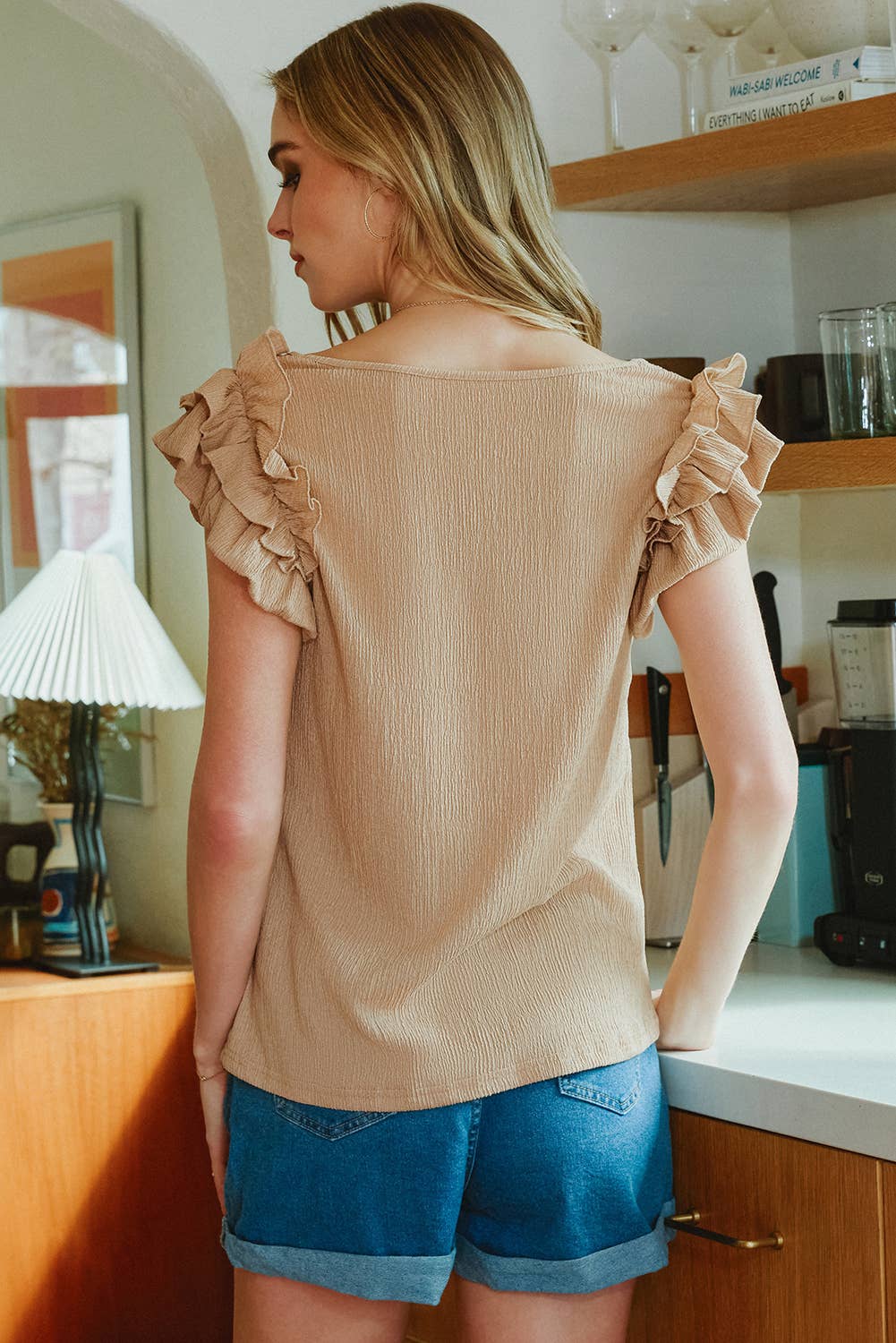 Ruffled Tiered Sleeve Square Neck Textured Top
