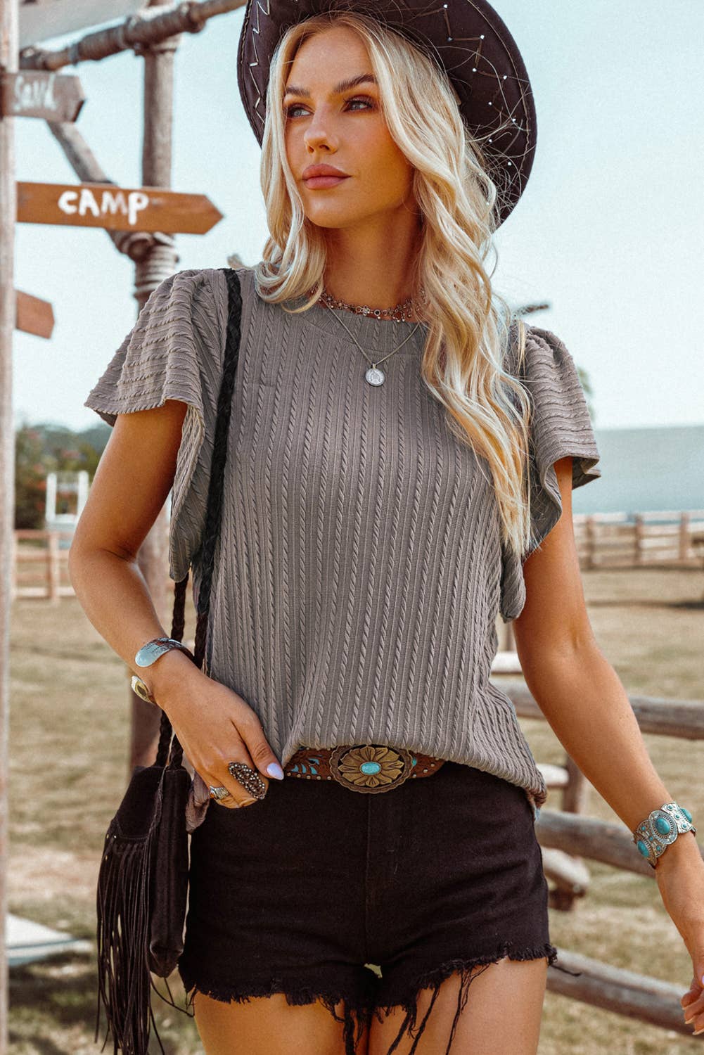 Solid Color Textured Flutter Sleeve Top
