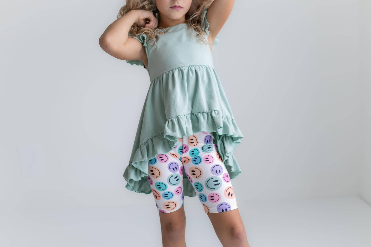 Kids Mint Green Smiley Face hi low Short Set