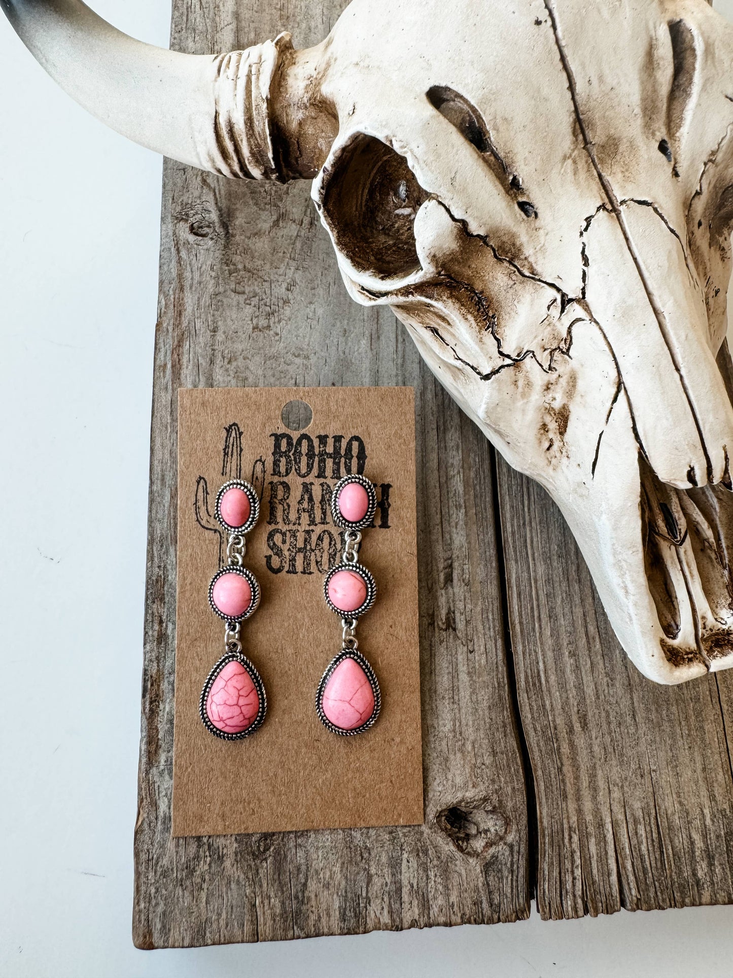 Western Tier Drop Earrings - Round Stone with Teardrop Stone