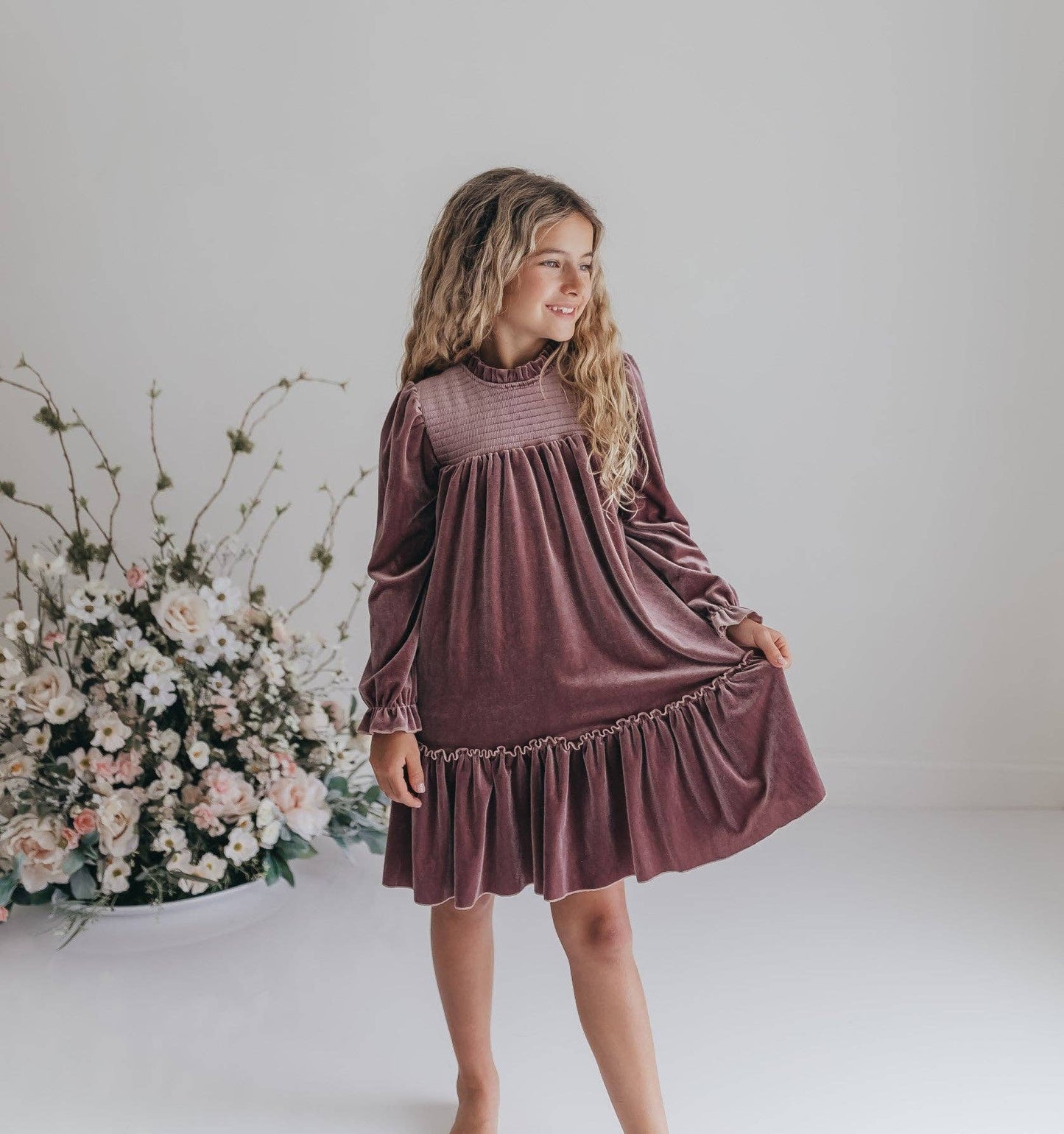 Girls Dusty Rose Smocked Velvet Fancy Holiday Party Dress