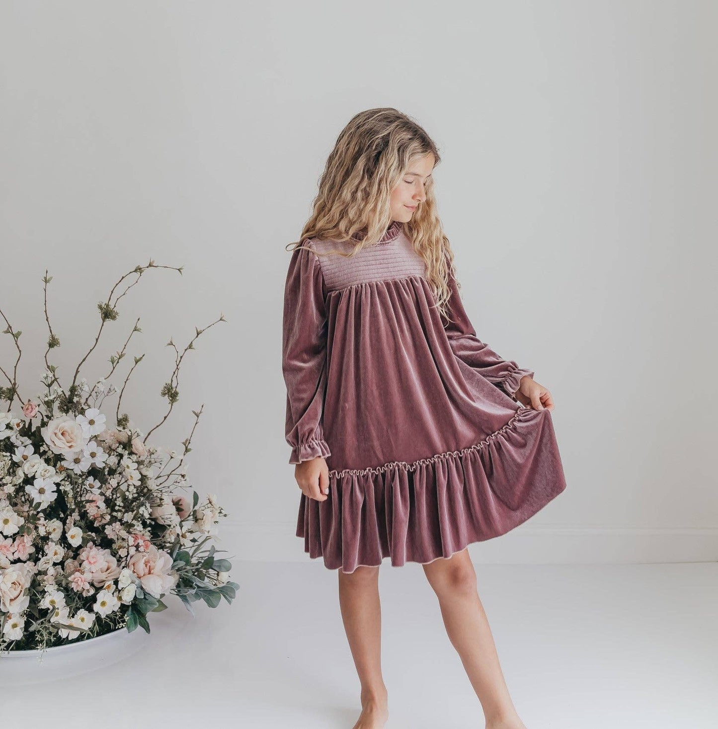 Girls Dusty Rose Smocked Velvet Fancy Holiday Party Dress