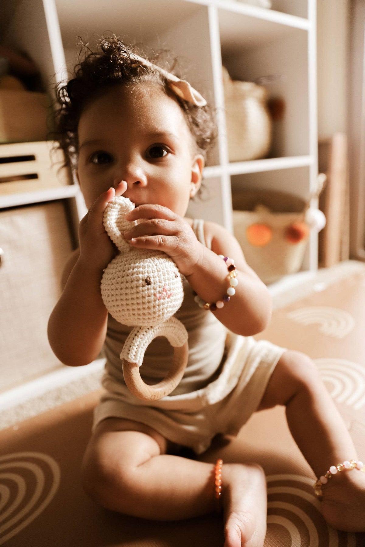 Baby Teething Toy Rattle Wood Ring Crochet bunny