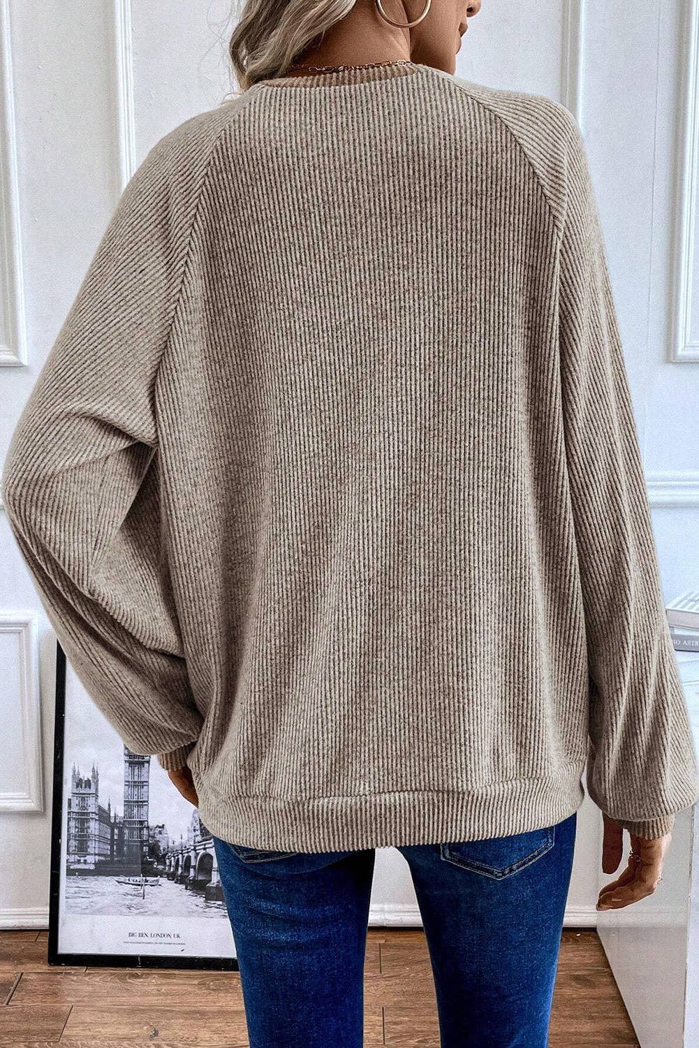 Ribbed Loose Fit Long Sleeve Top: Khaki