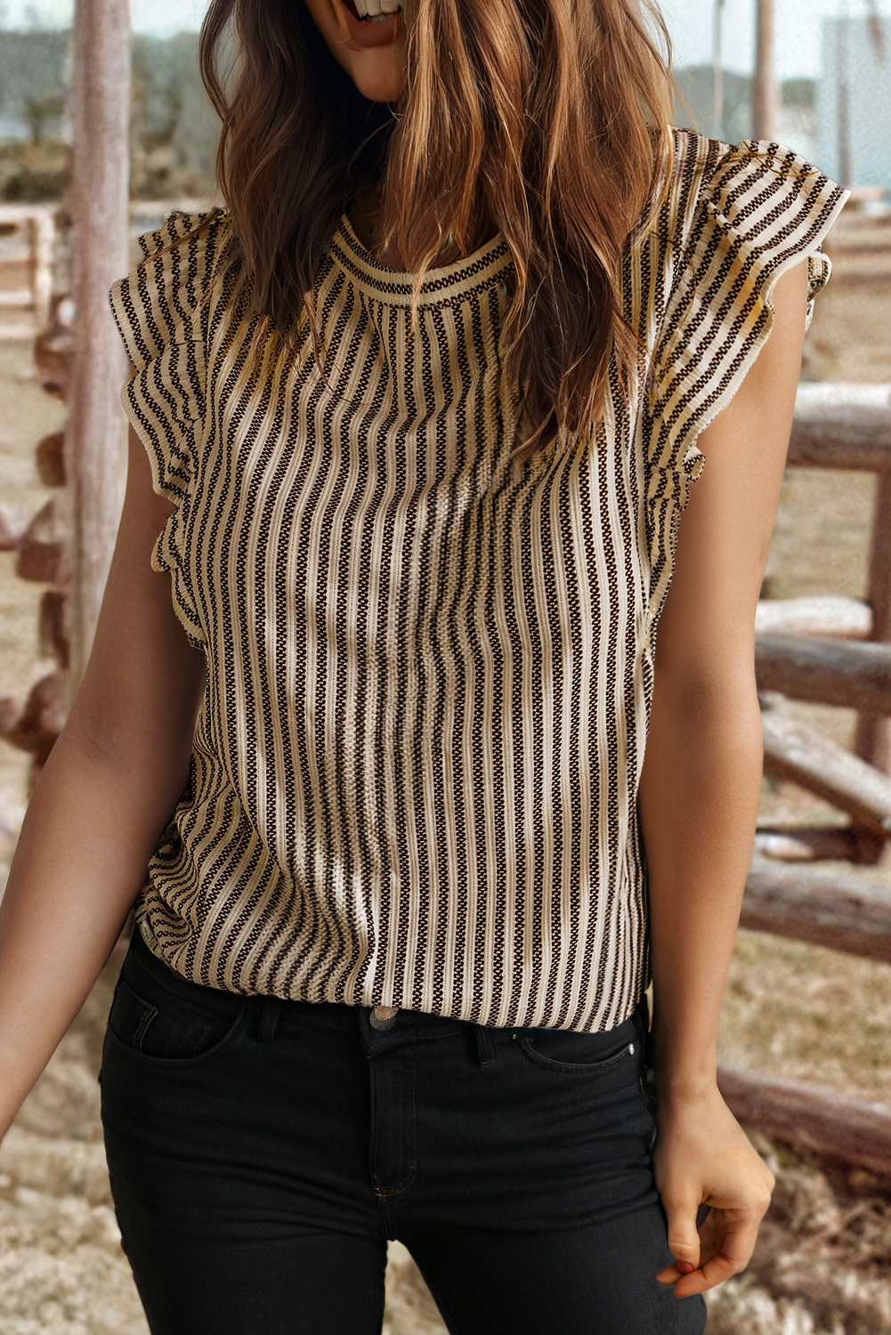 Striped Crew Neck Ruffled Tank Top