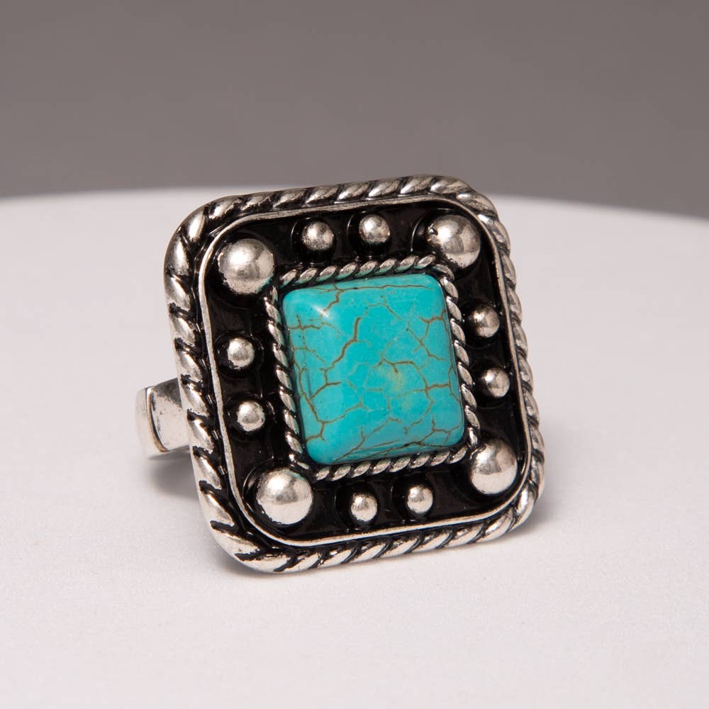 Western Turquoise Embellished Square Concho Ring