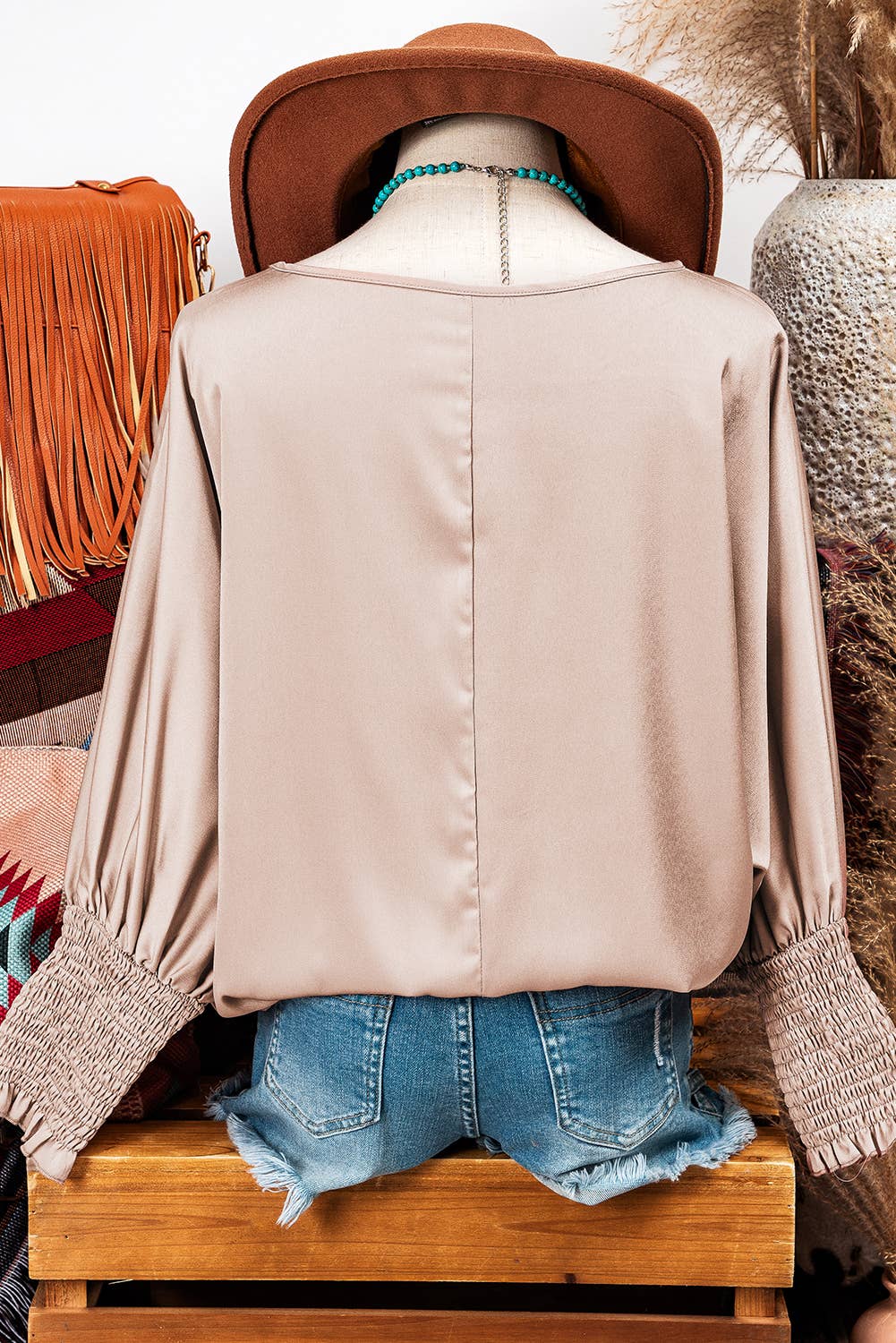 Shirred Dolman Sleeve Satin Blouse