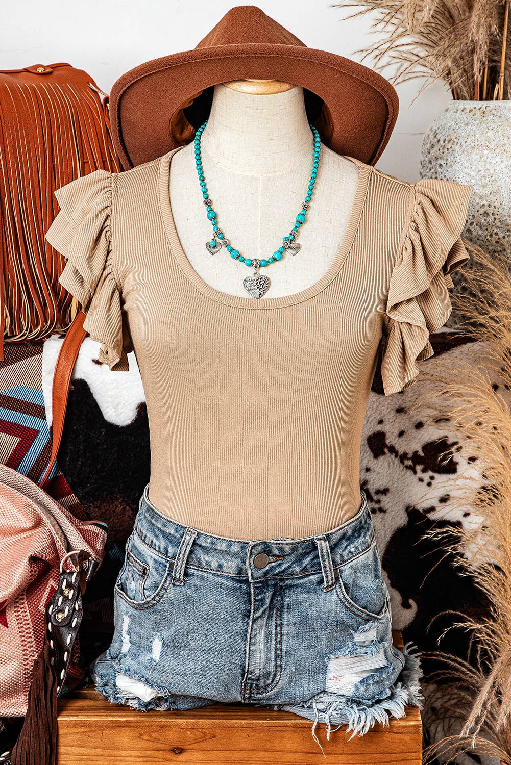Ruffled Tiered Sleeve Square Neck Textured Top