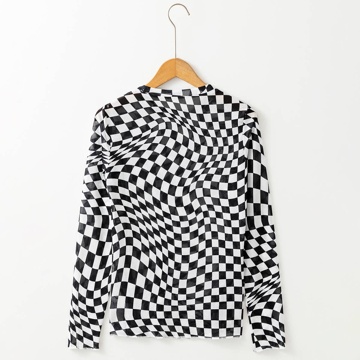 Checkered Pattern Mesh Mock Neck Long Sleeve Top