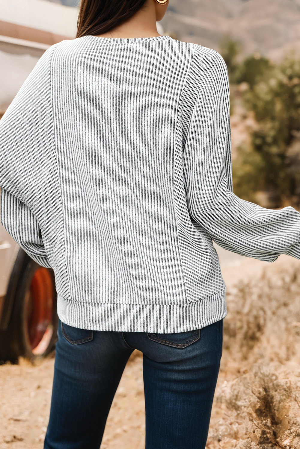 Ribbed Knit Round Neck Long Lantern Sleeve Top