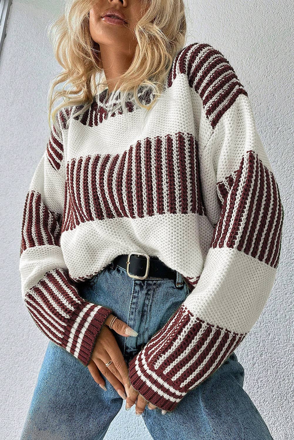 Two Tone Striped Patchwork Loose Sweater