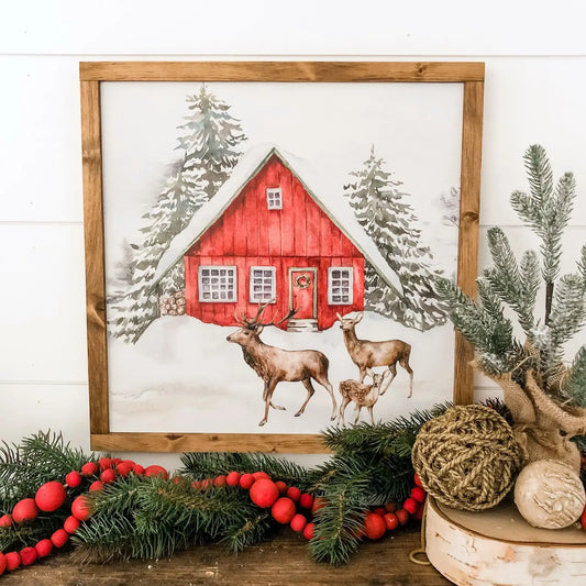 Red Barn Winter Scene Sign