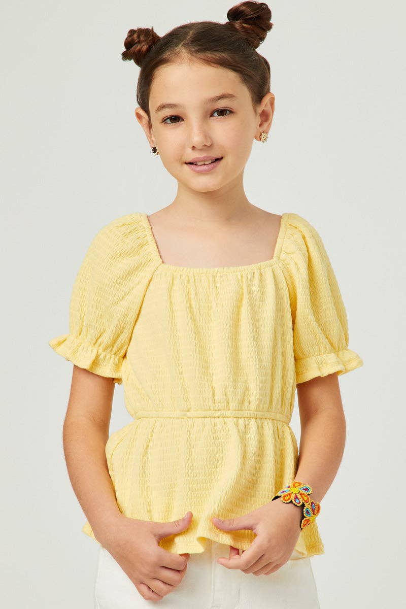 Girls Smocked Textured Knit Cinch Sleeve Babydoll Top