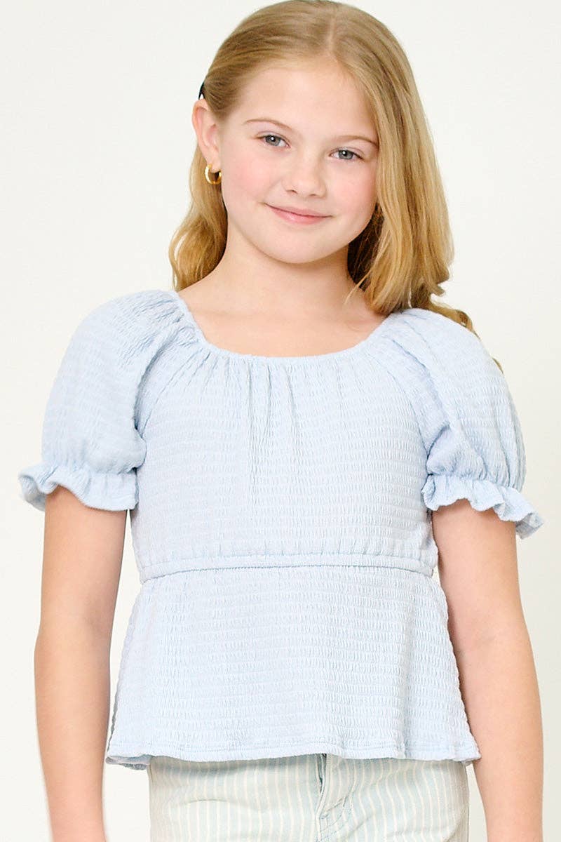 Girls Smocked Textured Knit Cinch Sleeve Babydoll Top
